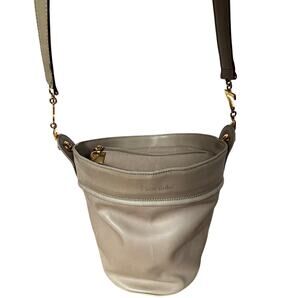 Enrico Coveri taupe leather shoulder bag bucket purse numbers gold chain straps